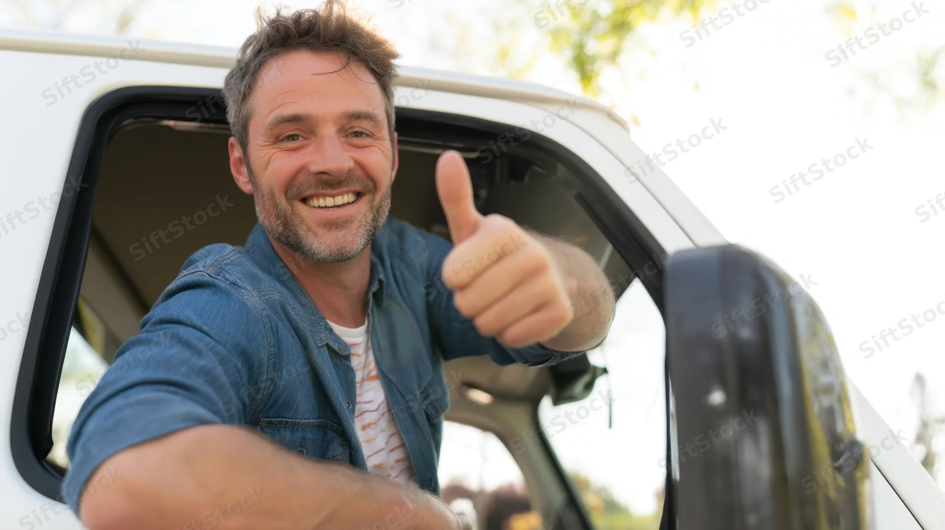 Man smiling and giving thumbs up from truck window
