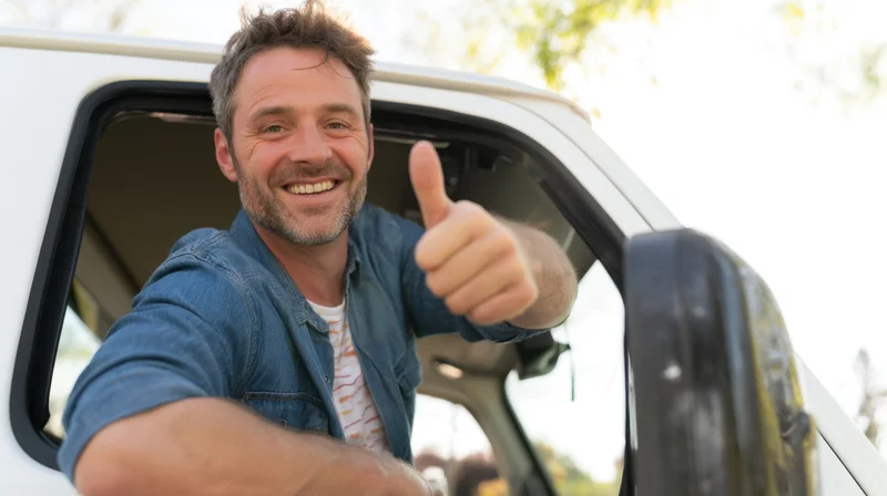 Man smiling and giving thumbs up from truck window