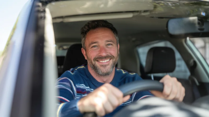 Smiling man driving a car, holding steering wheel, viewed from open window