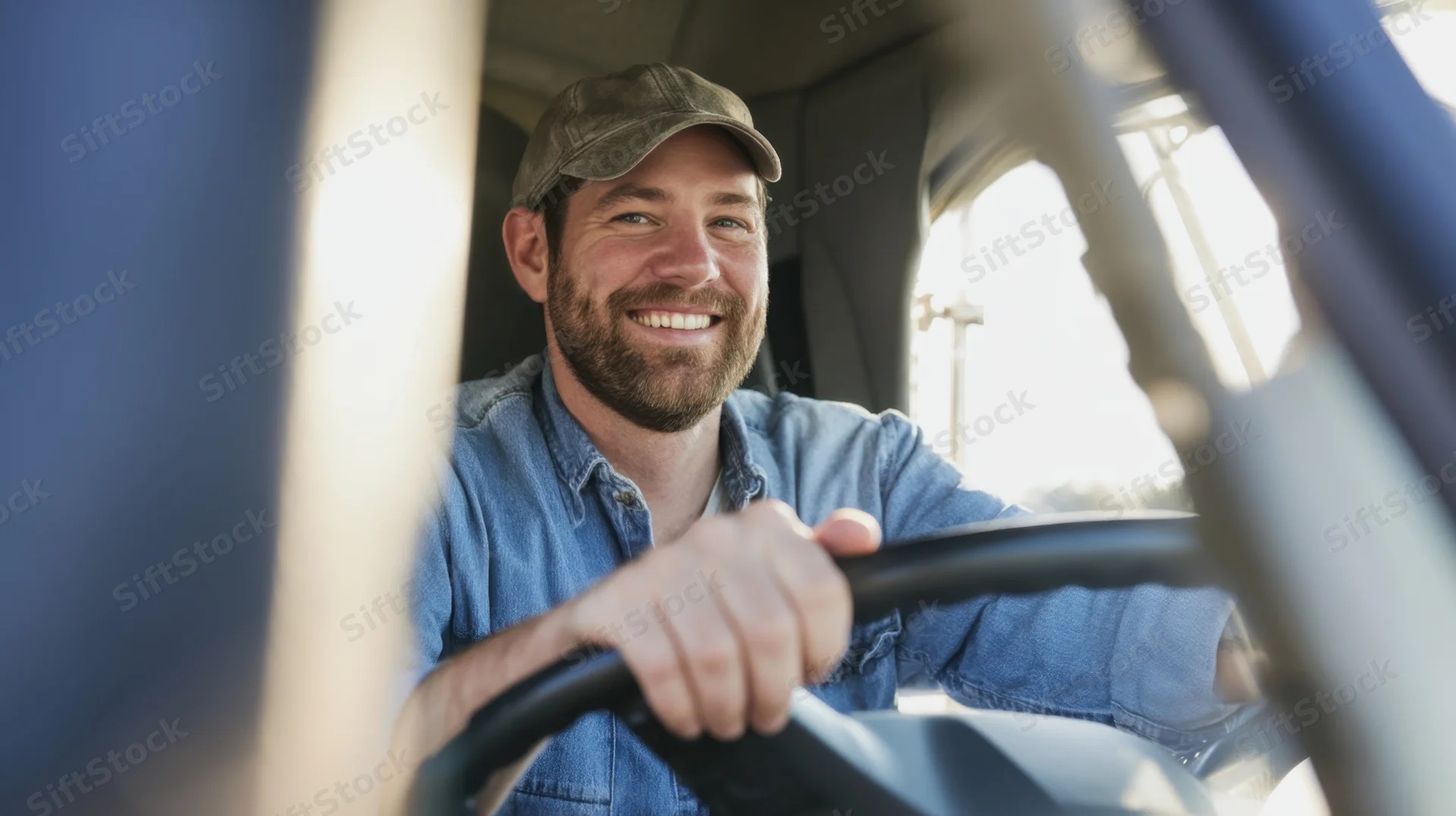 Smiling man in denim shirt and cap driving a truck, hands on steering wheel inside cab