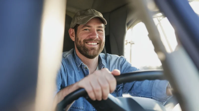 Smiling man in denim shirt and cap driving a truck, hands on steering wheel inside cab