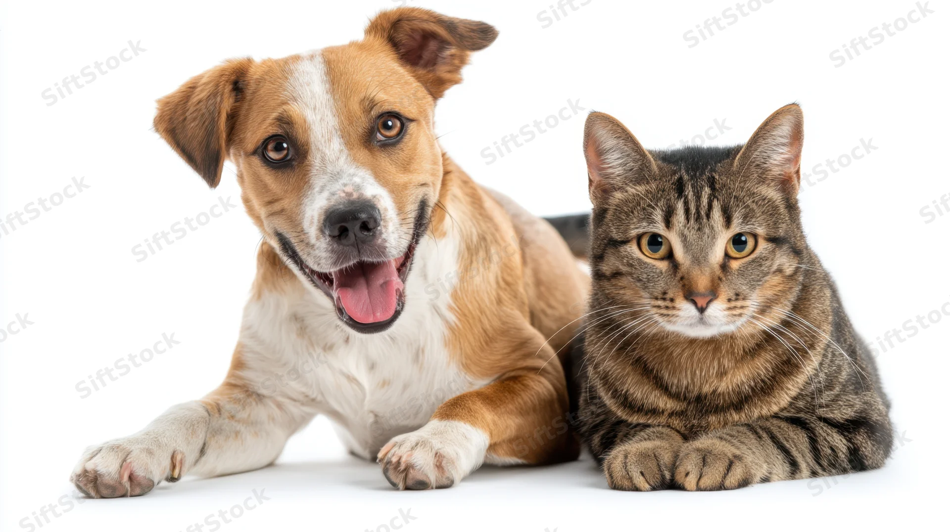 Mixed-breed dog and tabby cat lying together on white background