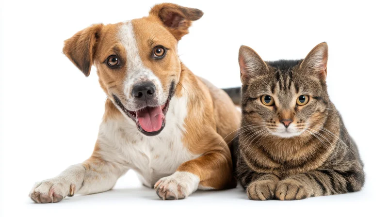 Mixed-breed dog and tabby cat lying together on white background