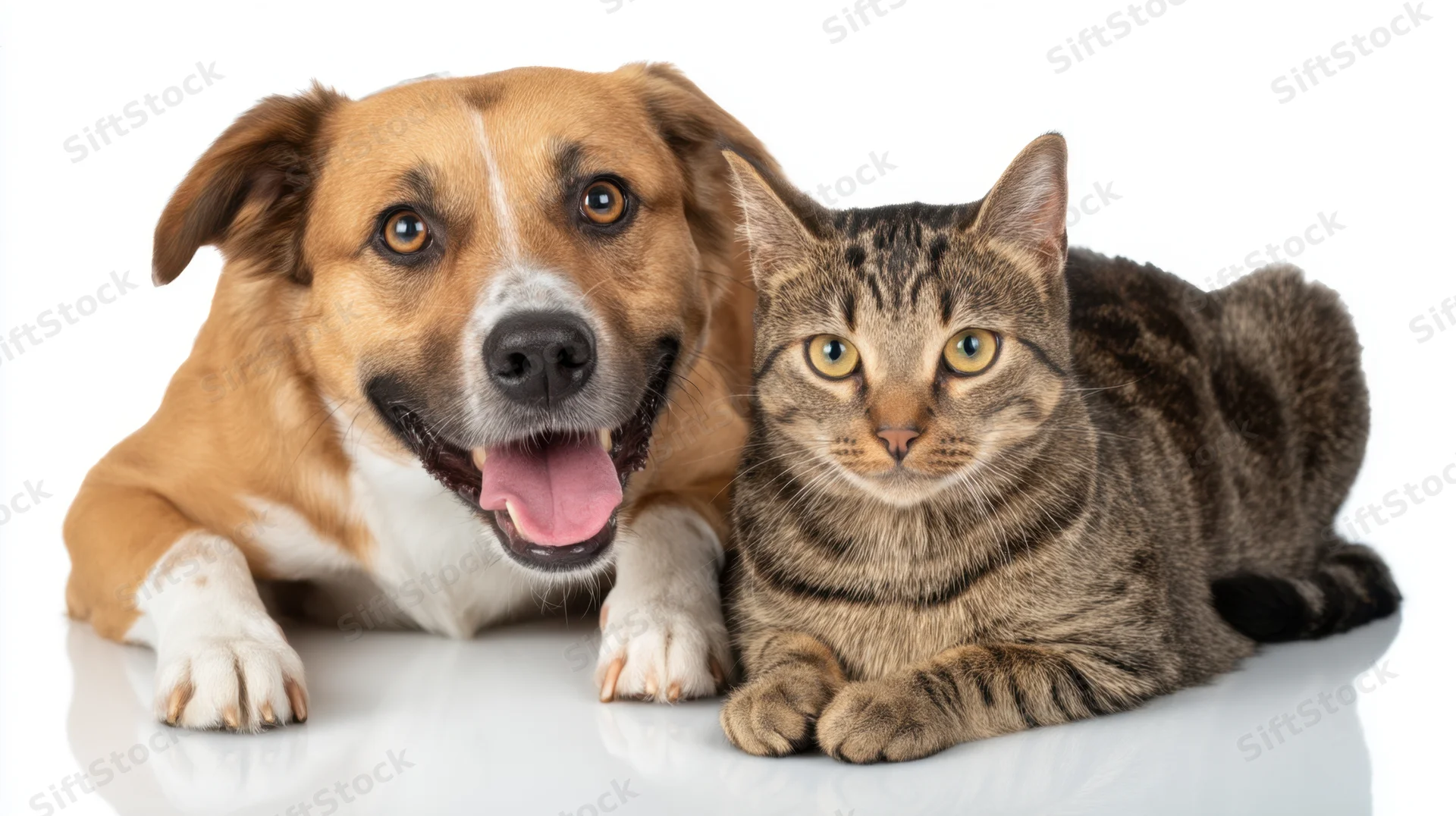 Mixed-breed dog and tabby cat lying together on white surface, both looking at camera