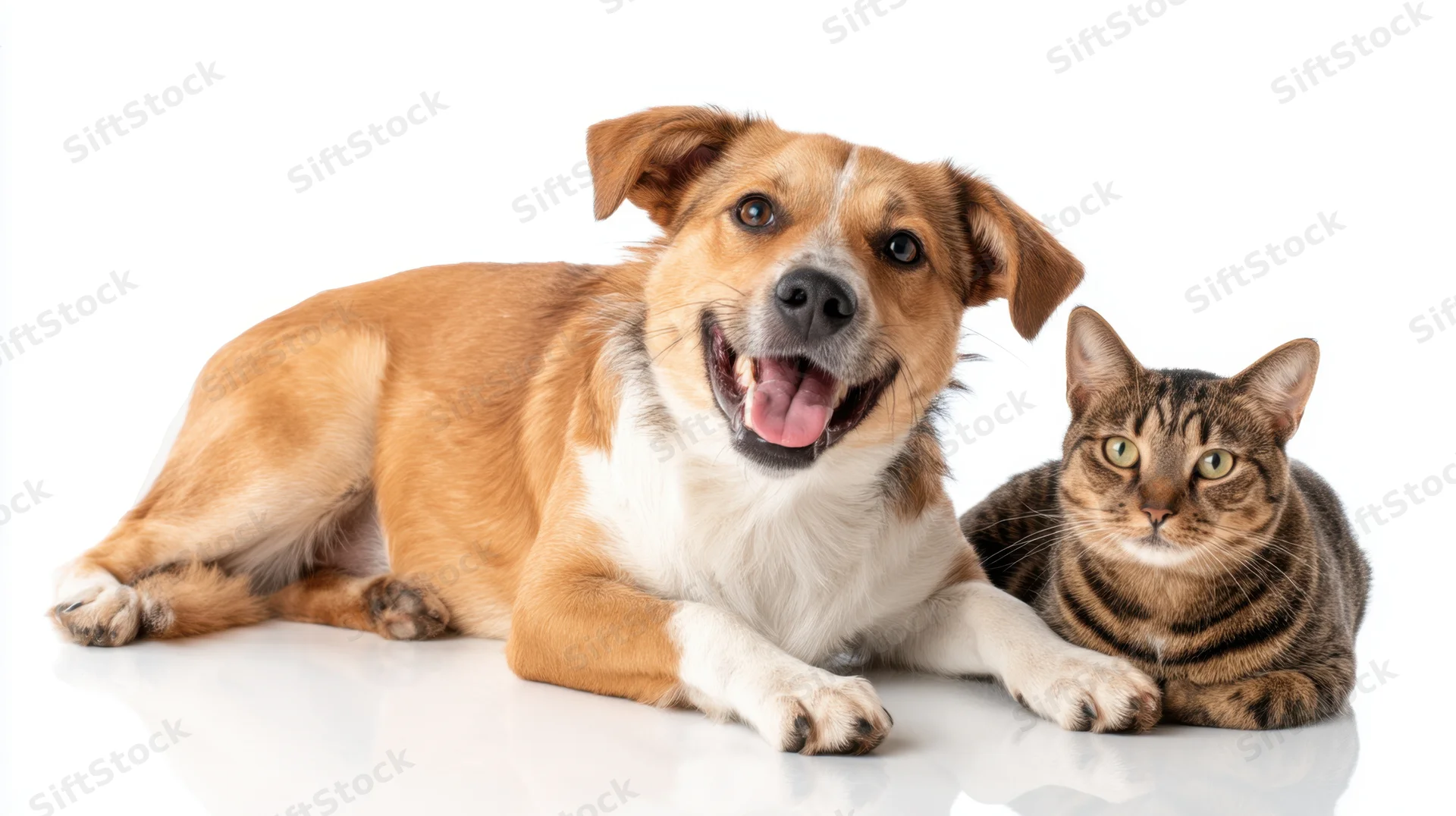 Mixed-breed dog lying beside a tabby cat on a white studio background