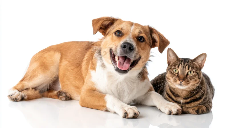 Mixed-breed dog lying beside a tabby cat on a white studio background