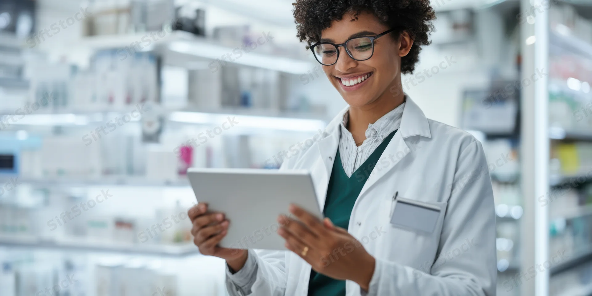 Pharmacist smiling while using digital tablet in pharmacy