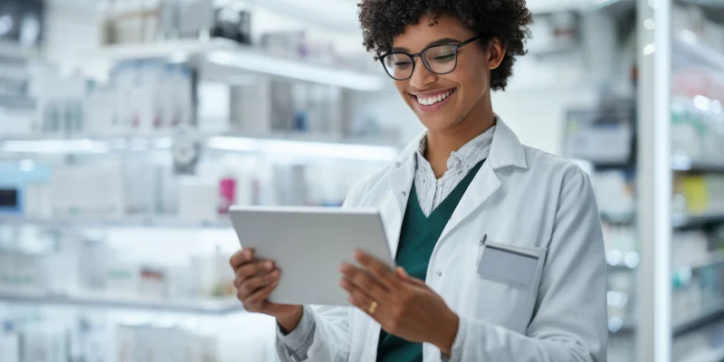 Pharmacist smiling while using digital tablet in pharmacy