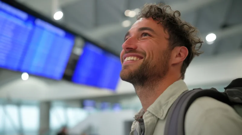 Smiling man with backpack looking at flight information screen in airport terminal