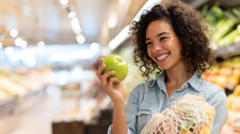Woman smiling while holding green apple in supermarket produce aisle