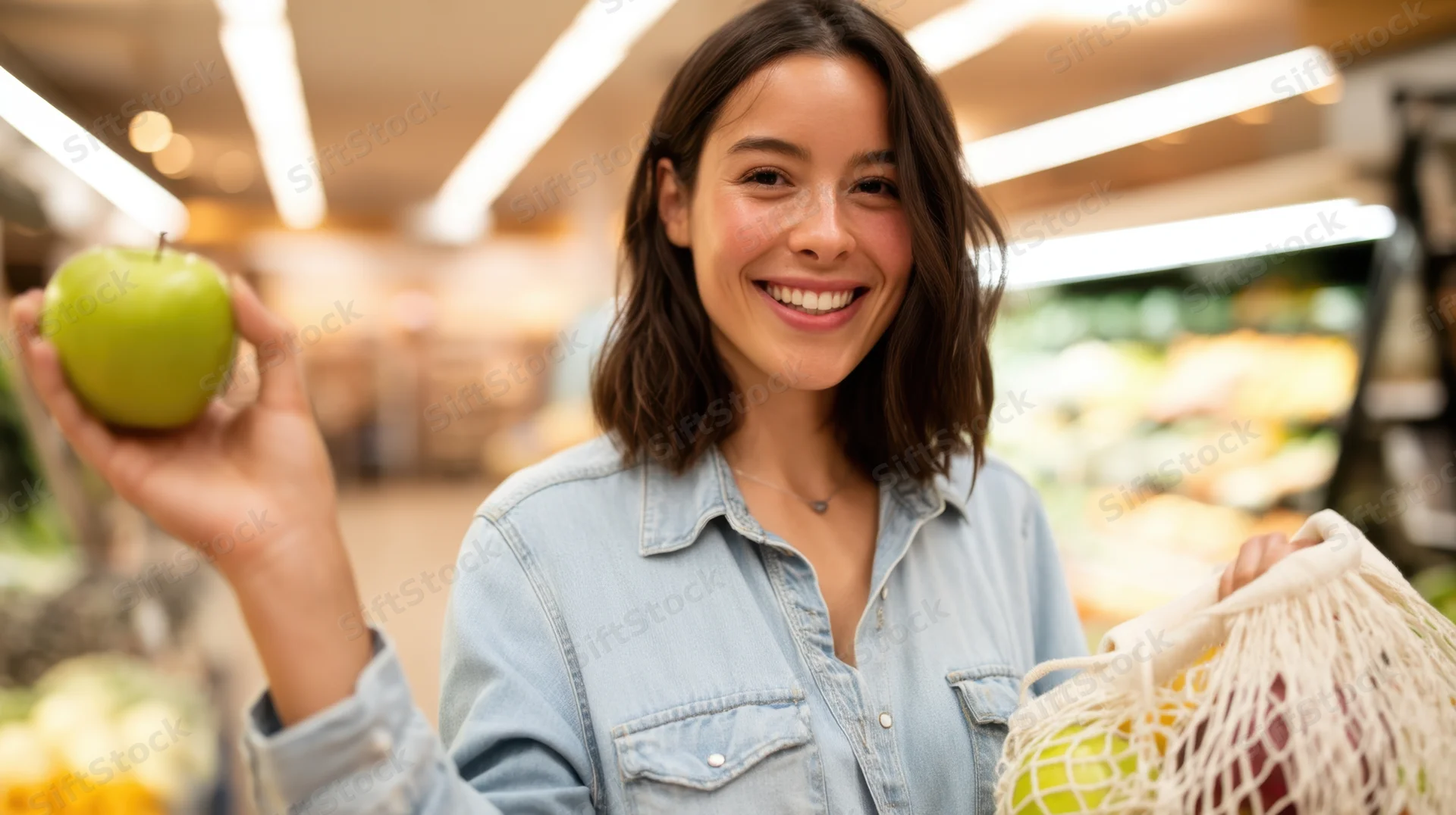 Woman smiling while holding green apple and reusable mesh bag in supermarket produce aisle