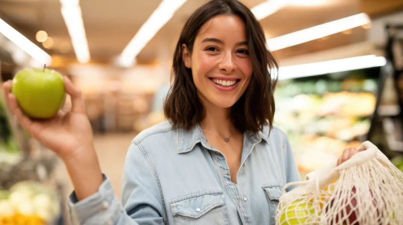 Woman smiling while holding green apple and reusable mesh bag in supermarket produce aisle