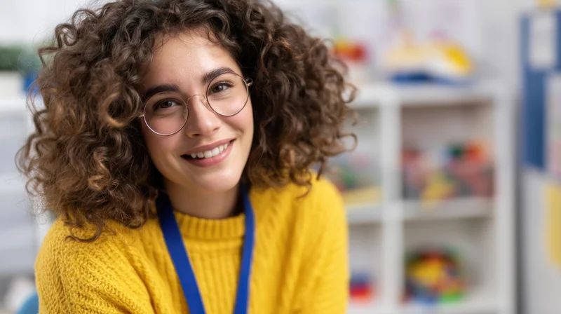Smiling woman with curly hair and glasses wearing yellow sweater and blue lanyard in classroom setting