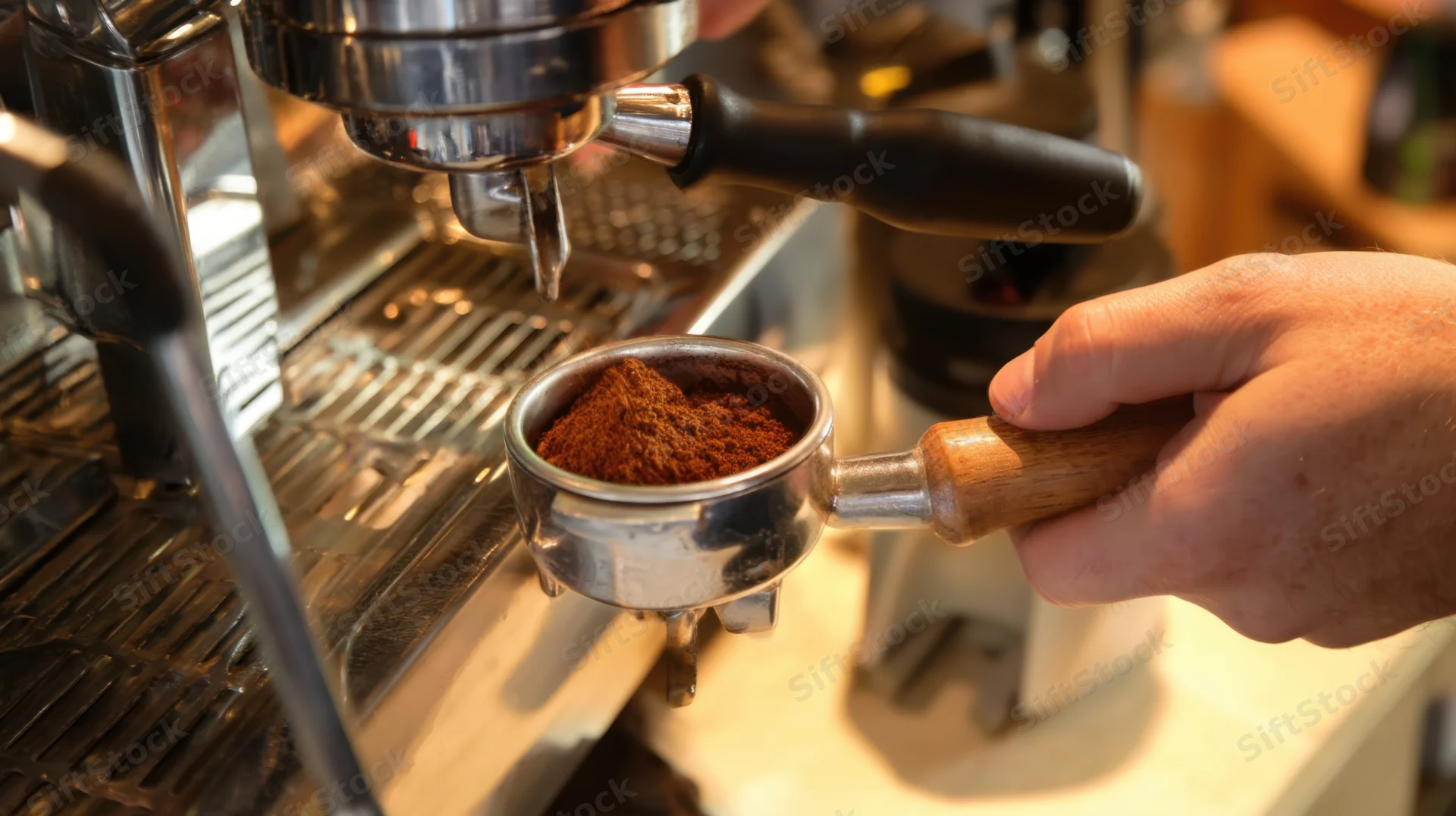 Barista holding portafilter filled with coffee grounds under espresso machine grinder