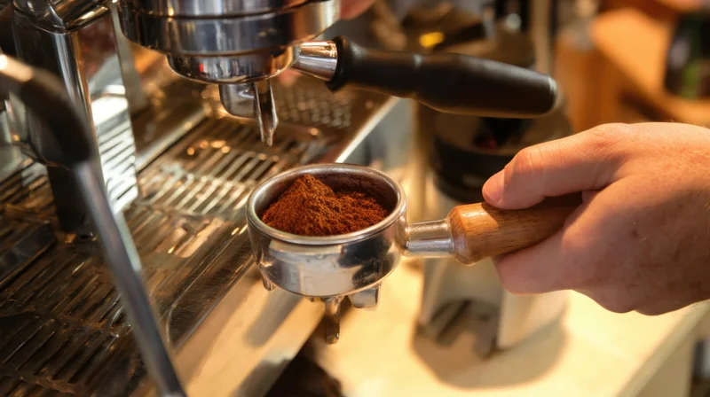 Barista holding portafilter filled with coffee grounds under espresso machine grinder