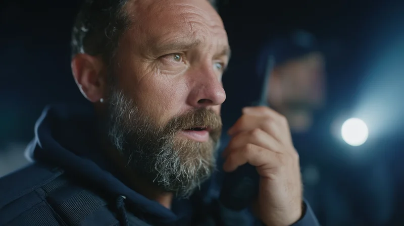 Bearded man in uniform holding radio at night with flashlight in background