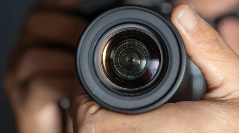 Close-up of a camera lens held in hand, showing detailed glass elements and reflections