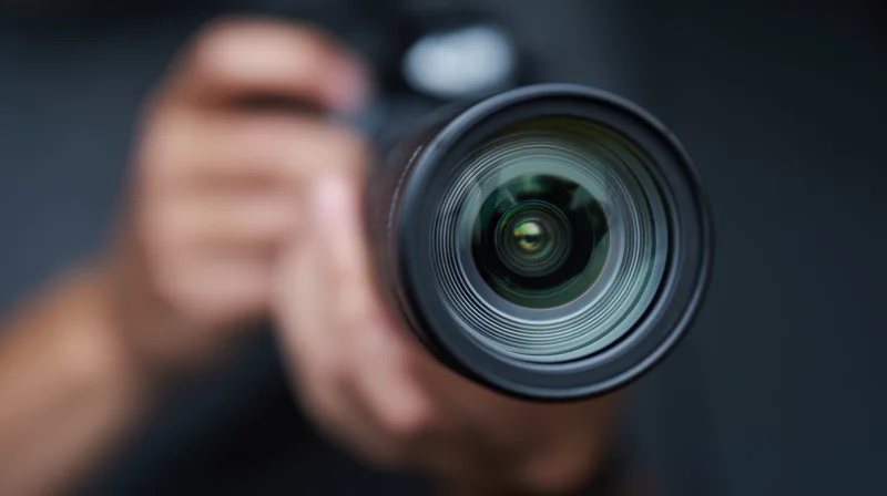 Close-up of a camera lens held in hand with shallow depth of field