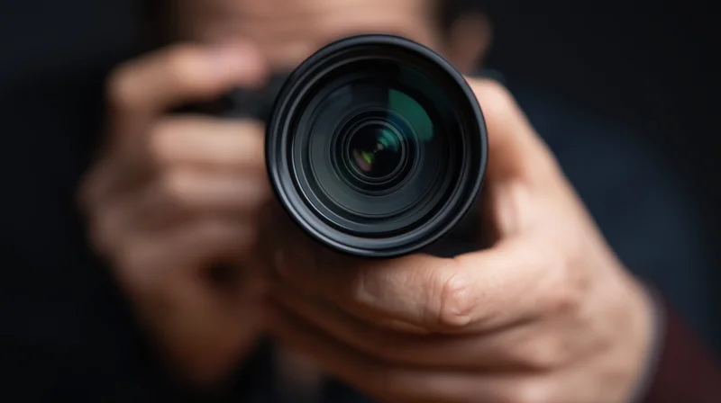 Close-up of a camera lens held by hands in focus against a dark blurred background
