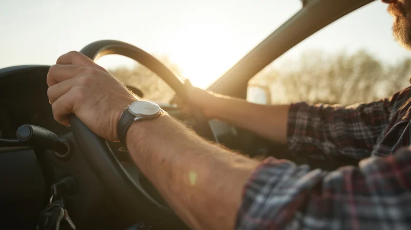 Man driving a car with hands on steering wheel, sunlight streaming through windshield