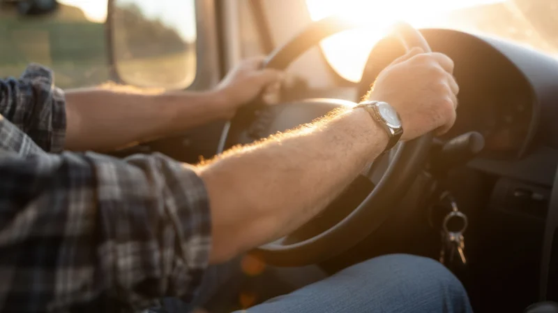 Man driving car with hands on steering wheel during sunset