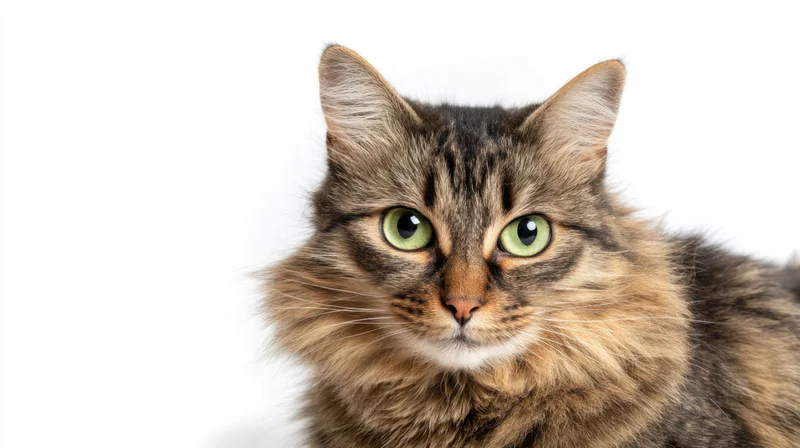 Close-up of a fluffy tabby cat with green eyes against white background