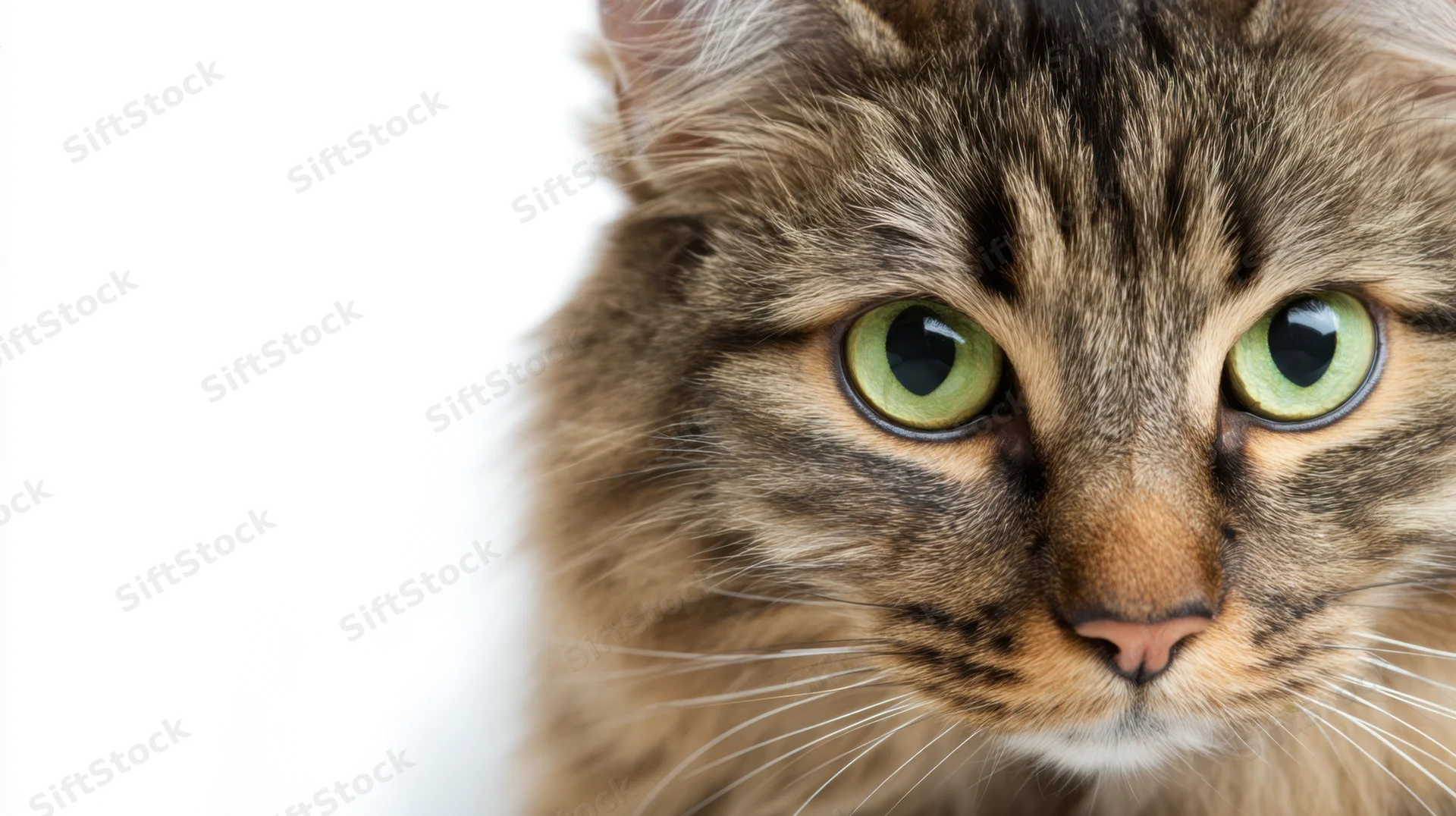 Close-up of a fluffy tabby cat with green eyes looking directly at the camera against a white background