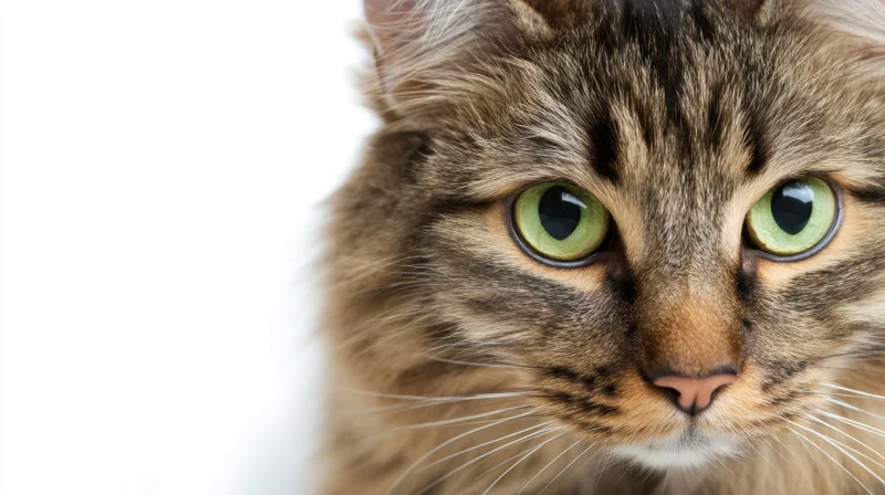 Close-up of a fluffy tabby cat with green eyes looking directly at the camera against a white background