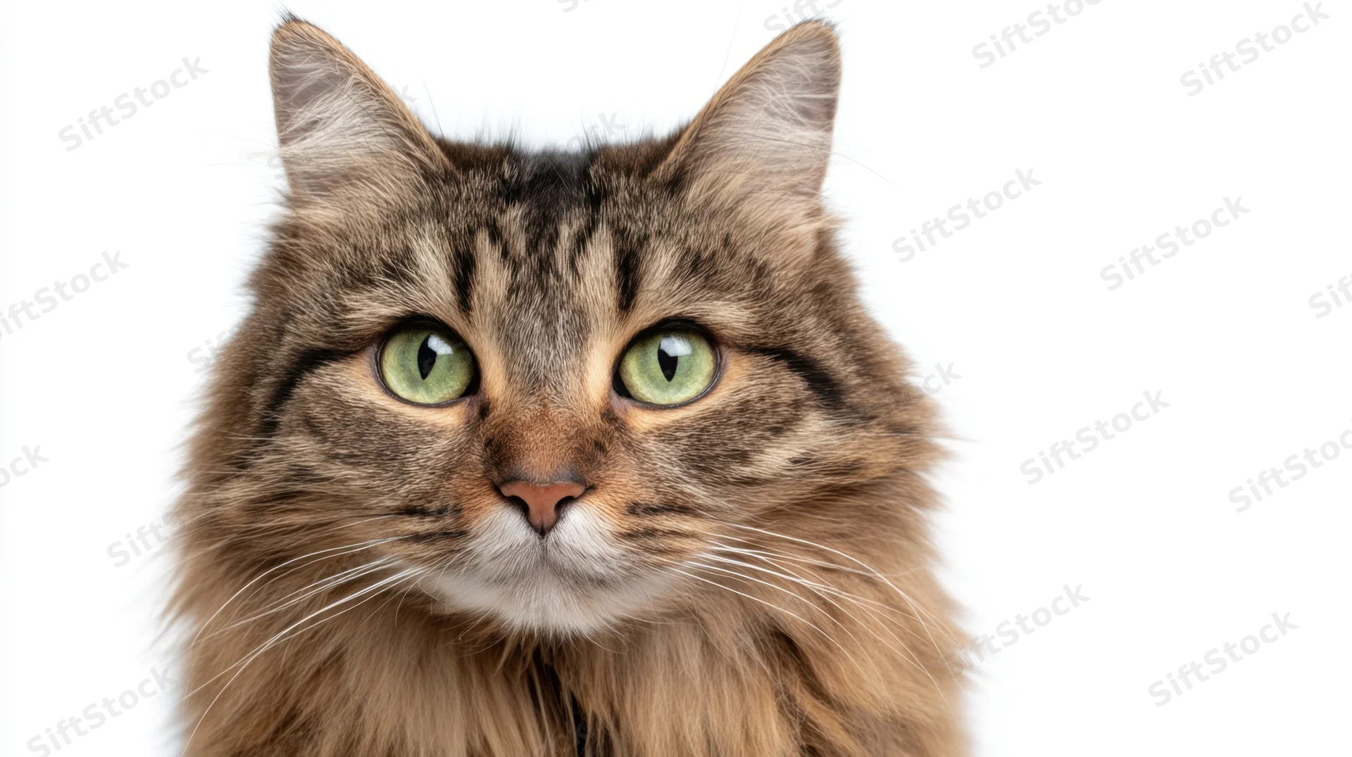 Close-up of a fluffy tabby cat with green eyes looking directly at the camera against a white background