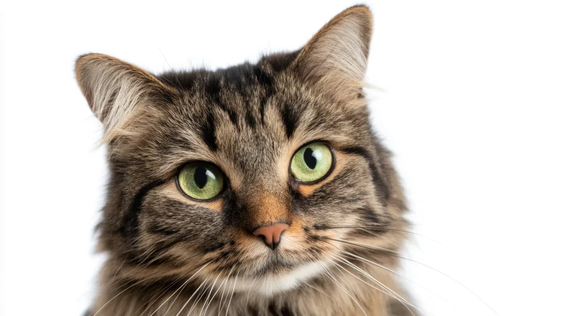 Close-up of a fluffy tabby cat with green eyes against a white background