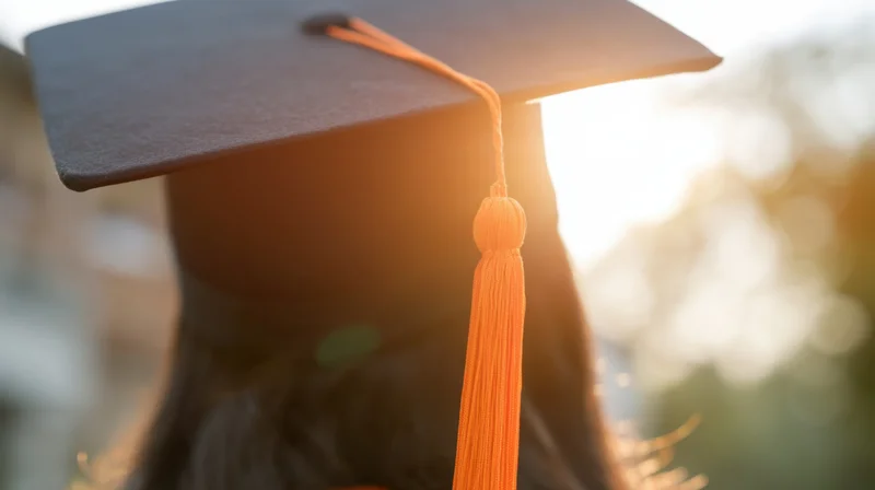 Graduate wearing cap and orange tassel backlit by sunlight outdoors