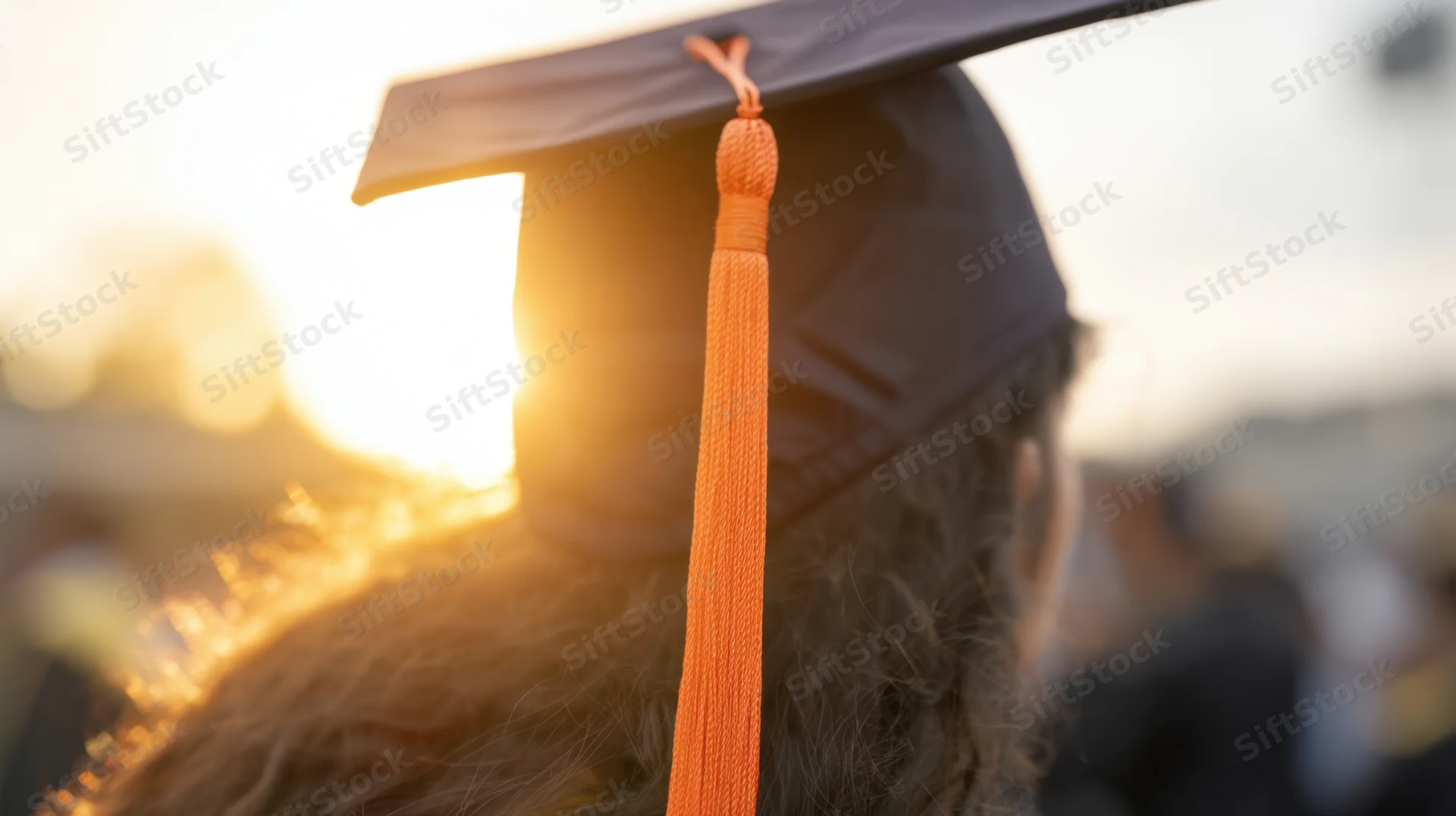 Back of a young woman in graduation cap with orange tassel, silhouetted against sunset light