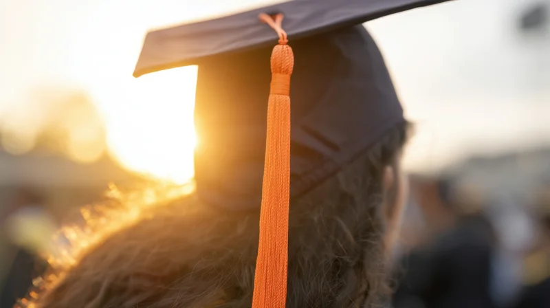 Back of a young woman in graduation cap with orange tassel, silhouetted against sunset light