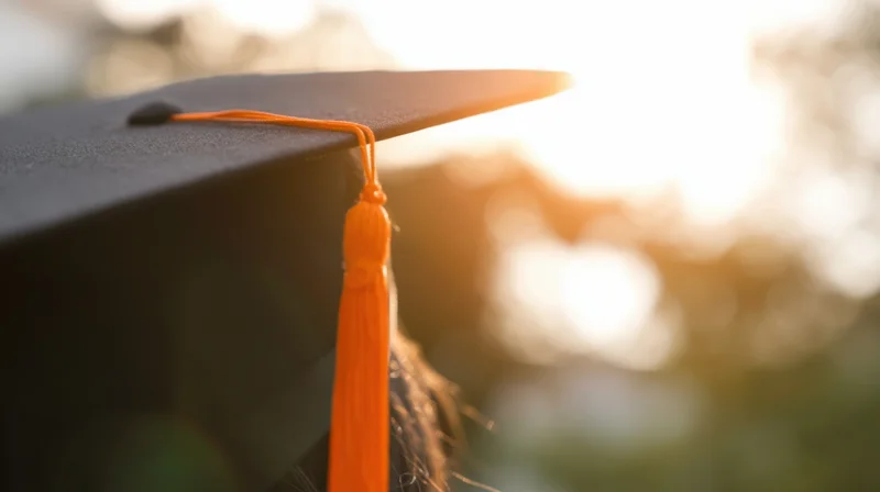 Close-up of a black graduation cap with an orange tassel against a warm sunlit outdoor background