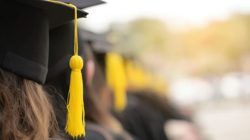 Row of graduates in caps with yellow tassels at outdoor ceremony