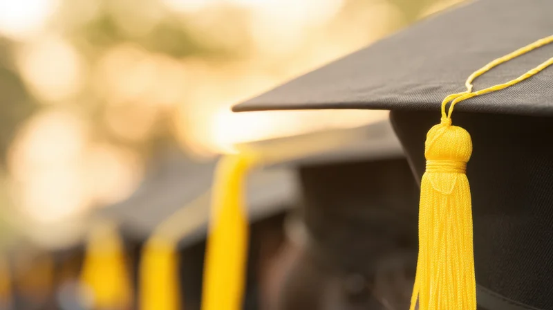 Close-up of a black graduation cap with a yellow tassel in focus against a blurred outdoor background