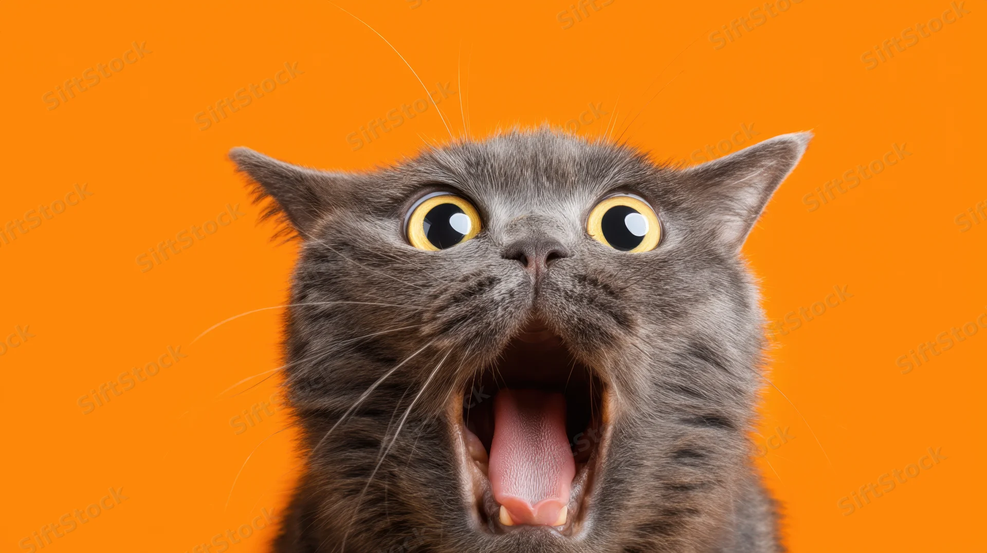 Gray cat with wide eyes and open mouth against orange background