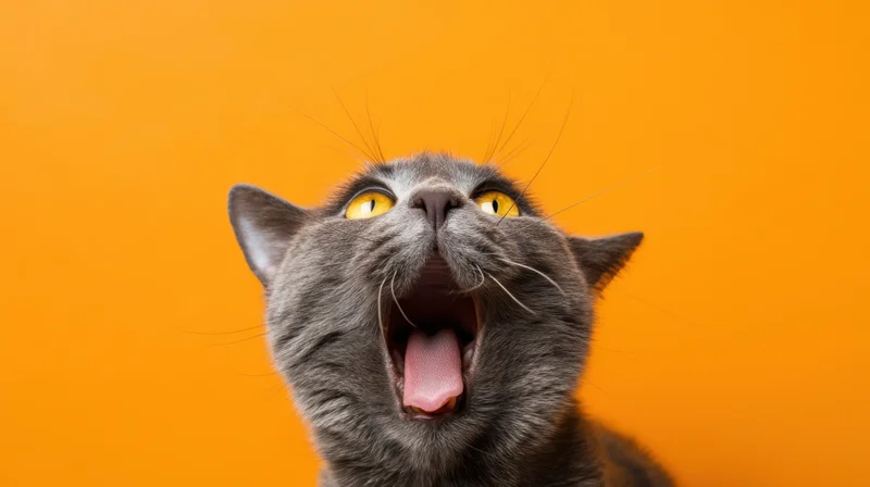 Gray cat yawning with mouth open against orange background