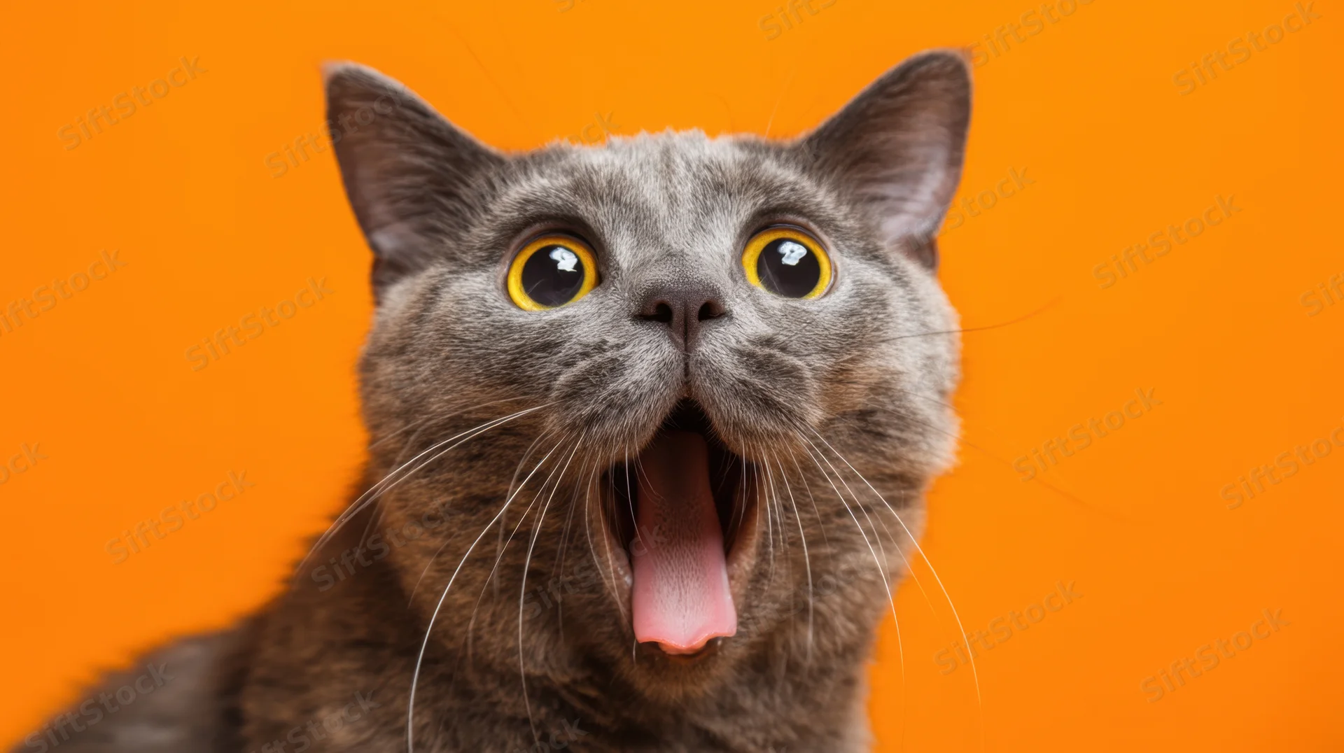Gray cat with wide eyes and open mouth against orange background