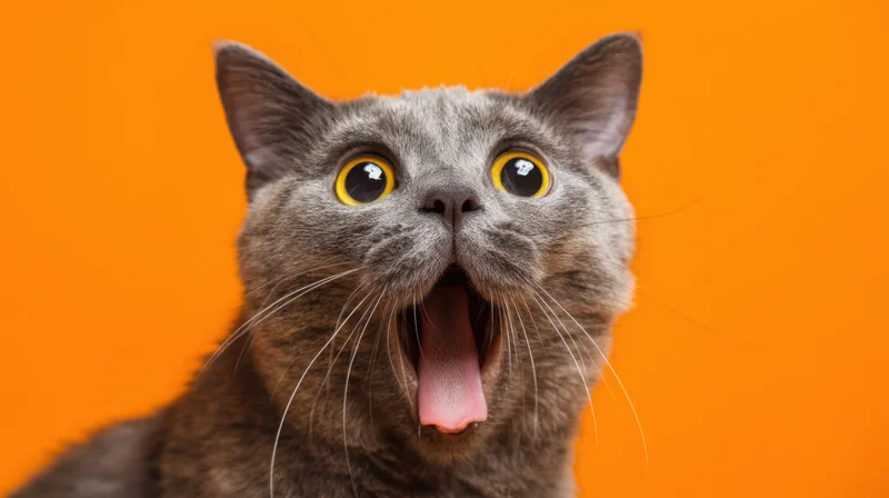Gray cat with wide eyes and open mouth against orange background
