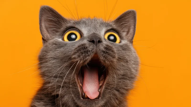 Gray cat with wide eyes and open mouth against orange background