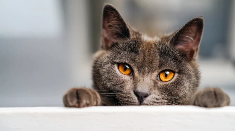 Grey cat peeking over white surface with orange eyes focused on camera