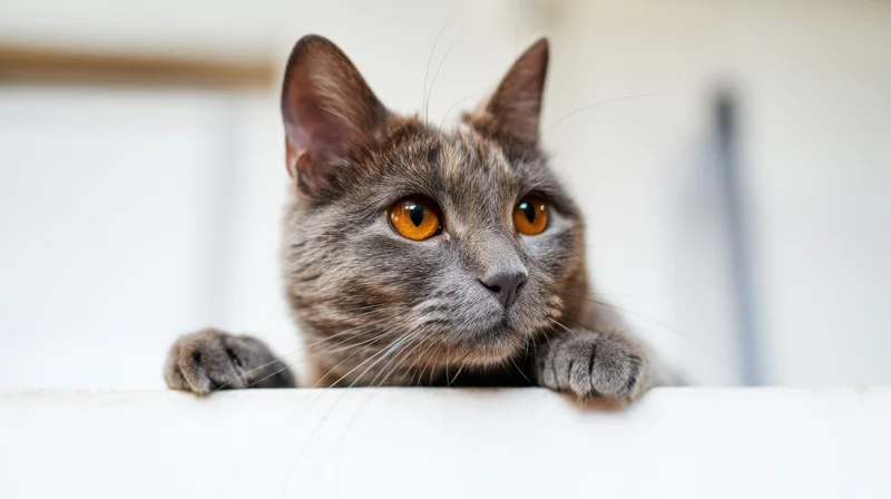 Grey cat peeking over white surface with orange eyes and paws resting on edge indoors