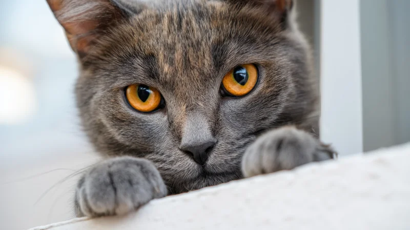 Grey cat with orange eyes resting on white surface indoors
