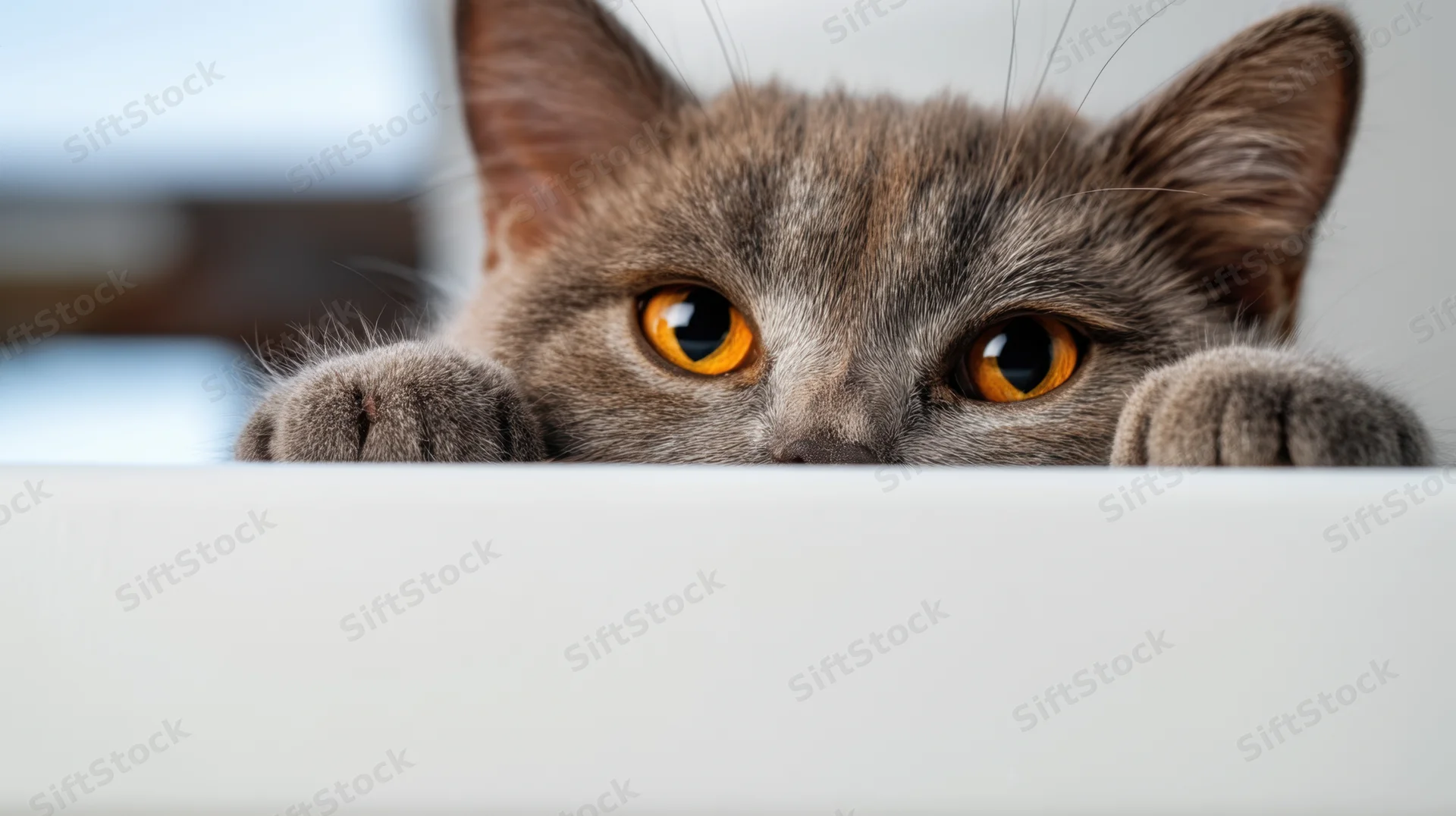 Grey cat peeking over white surface with paws and orange eyes visible