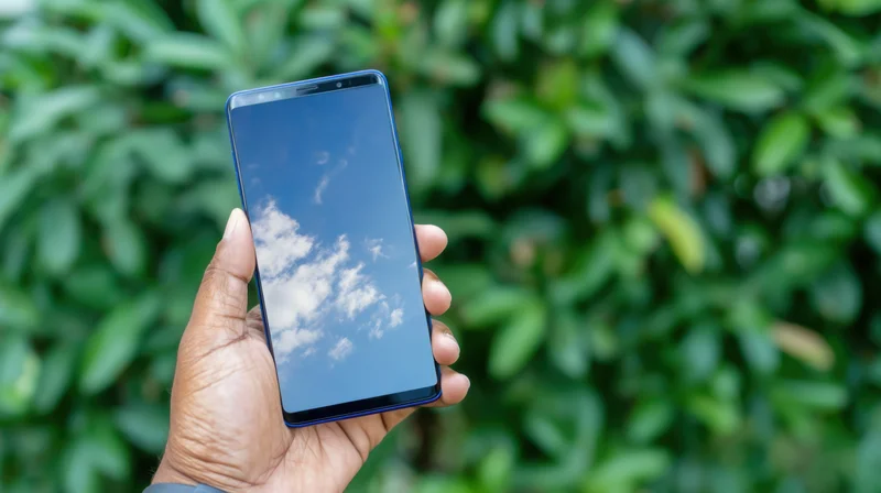 Hand holding smartphone with sky and clouds reflected on screen outdoors near green foliage
