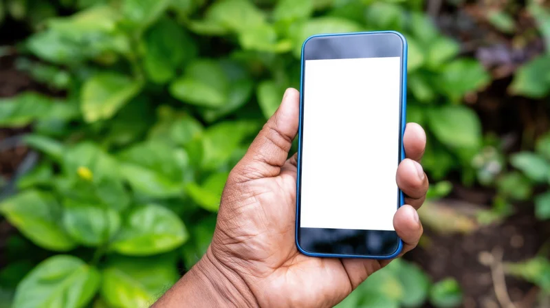 Hand holding a blue smartphone with blank white screen in a garden setting