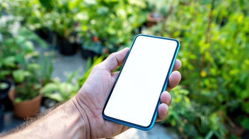 Hand holding smartphone with blank screen in garden setting