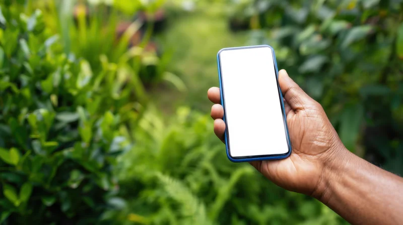 Hand holding smartphone with blank white screen in a garden setting