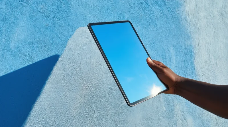 Hand holding a tablet with blue sky reflection against a textured blue wall
